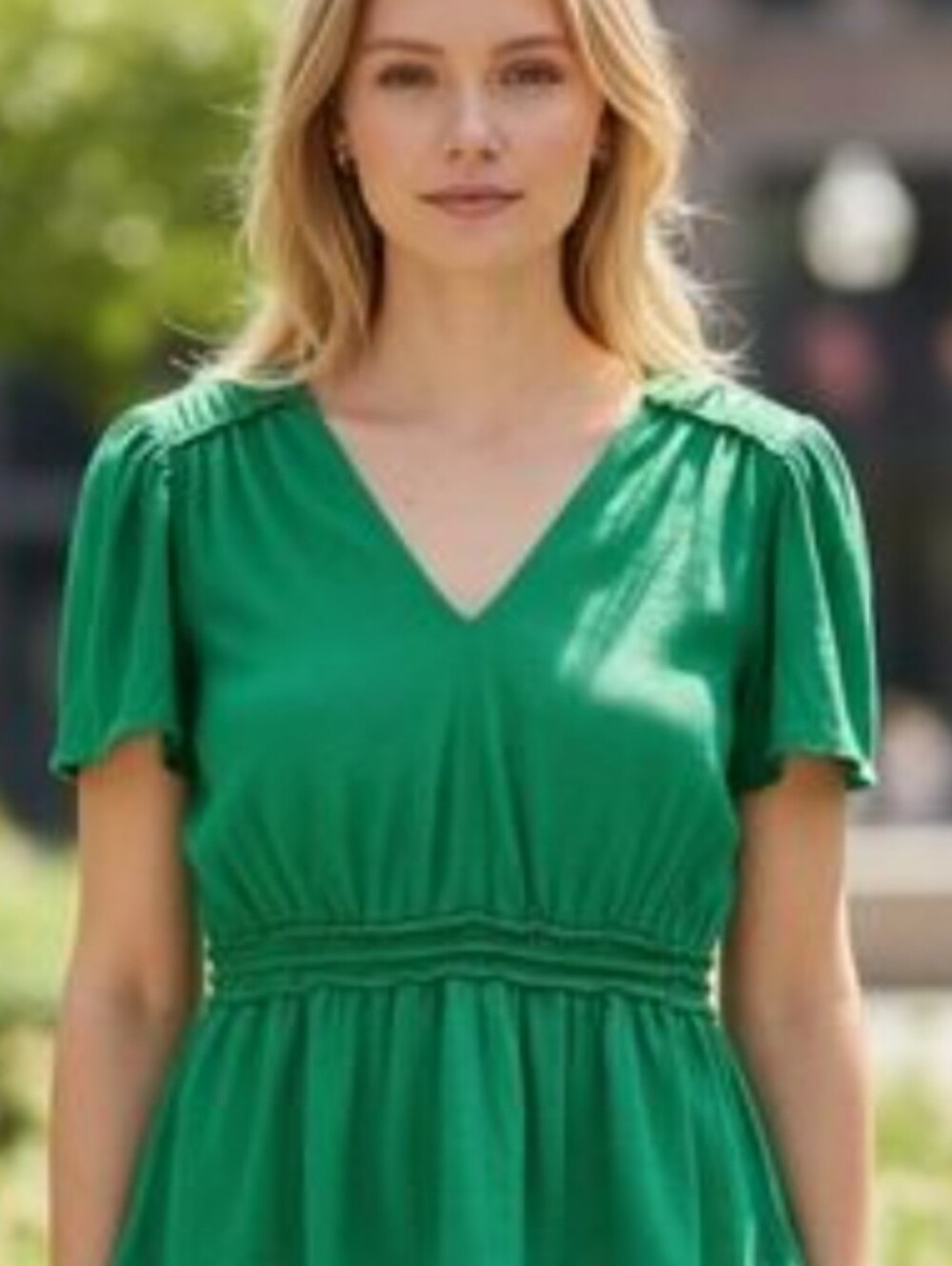 Max Studio London Womens Green Smocked V-Neck Peplum Blouse Short Sleeve 2X NWT
